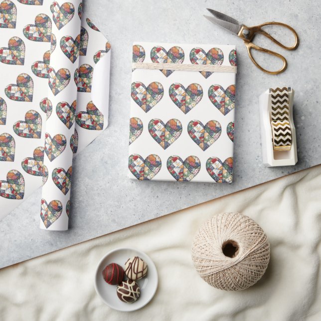 Crazy Quilt Heart Design On White Wrapping Paper (Crafts)