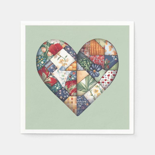 Crazy Quilt Heart On Sage Green Napkins (Front)