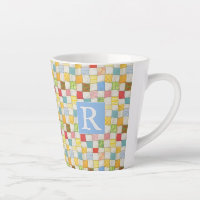 CRAZY QUILT Latte Mug + Text / Blue (Right)