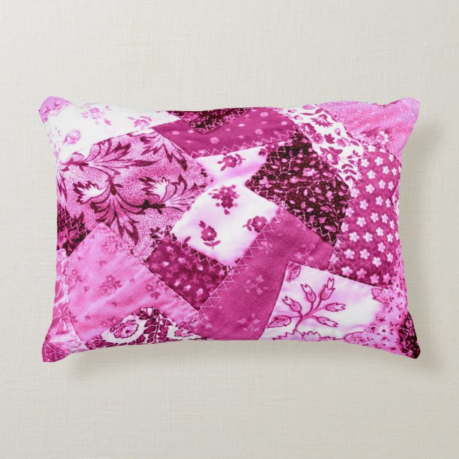 Crazy Quilt Pattern Pink White Floral Patchwork Accent Pillow (Front)