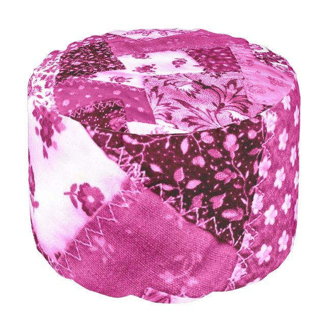 Crazy Quilt Pattern Pink White Floral Patchwork Pouf (Angled Front)