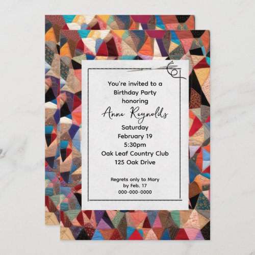 Crazy Quilt Pattern With Needle Party Invitation