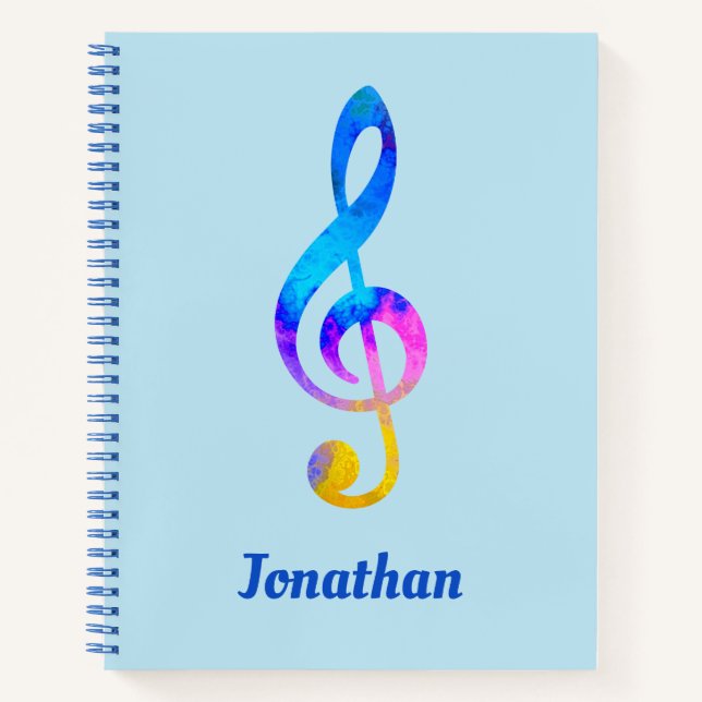 Crazy Rainbow Swirl Treble Clef and Name Notebook (Front)