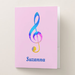 Crazy Rainbow Swirl Treble Clef and Name Pink Pocket Folder