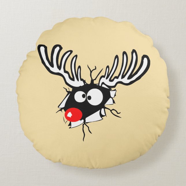Crazy Red Nosed Reindeer Round Pillow (Front)