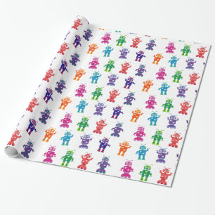 Crazy Silly Colorful Girl and Boy Robot Party Wrapping Paper