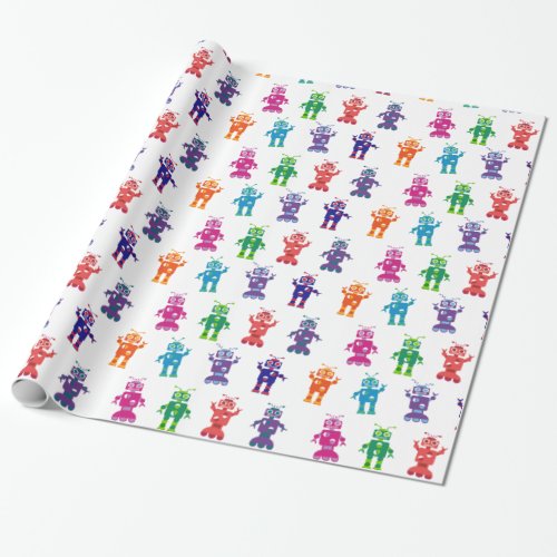 Crazy Silly Colorful Girl and Boy Robot Party Wrapping Paper