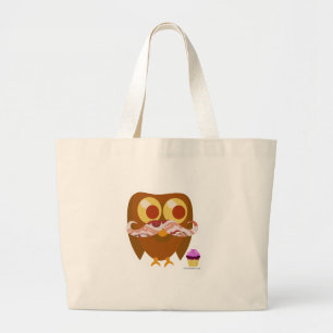 Crazy Silly Mustache Owl Fun Bird Cartoon Large Tote Bag