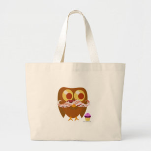 Crazy Silly Mustache Owl Fun Bird Cartoon Large Tote Bag