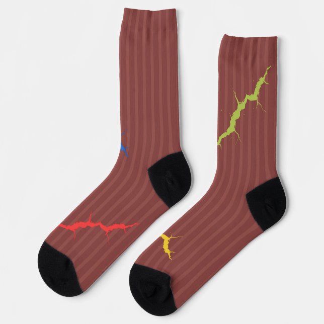 Crazy Socks colorful rips, on dark red (Left)