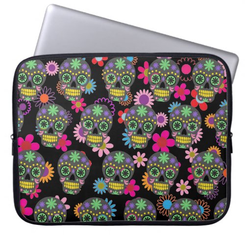 Crazy Sugar Skull and Flowers Black Pattern Laptop Sleeve