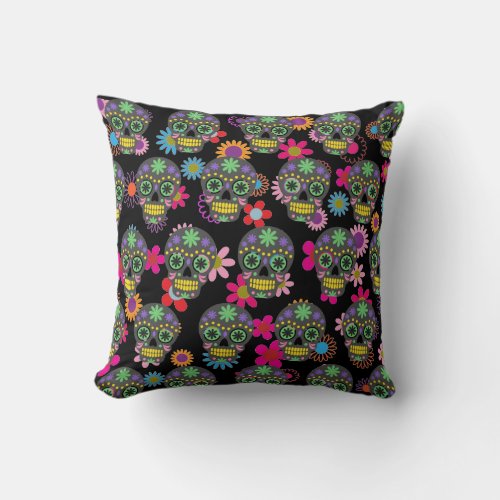 Crazy Sugar Skull and Flowers Black Throw Pillow