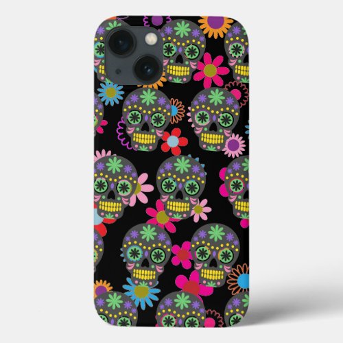 Crazy Sugar Skull and Flowers on Black Pattern iPhone 13 Case
