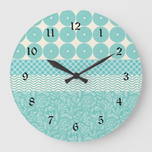 Crazy Teal Blue Patterns Circles Floral Plaid Wave Large Clock