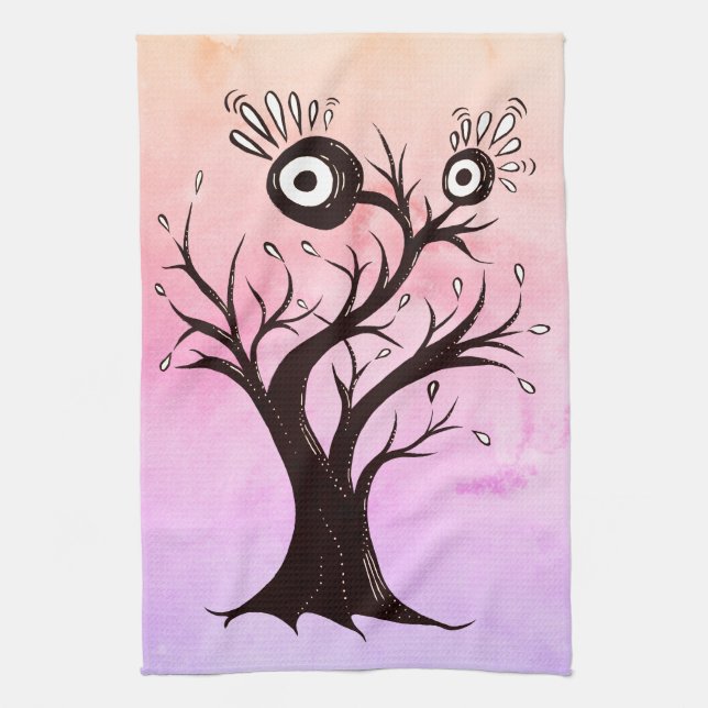 Crazy Tree Creature Ink Art Pink Fantasy Kitchen Towel (Vertical)