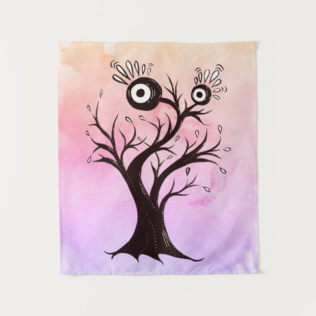 Crazy Tree Creature Ink Art Pink Fantasy Tapestry (Front)