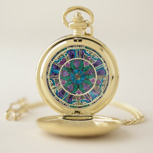 Crazy Turquoise Purple Floral Mandala Pocket Watch
