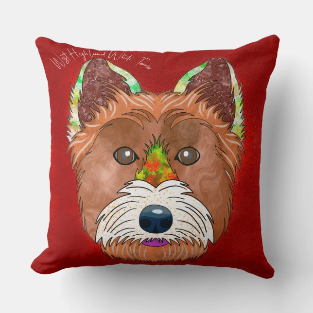Crazy West Highland White Terrier hand-painted Throw Pillow (Front)