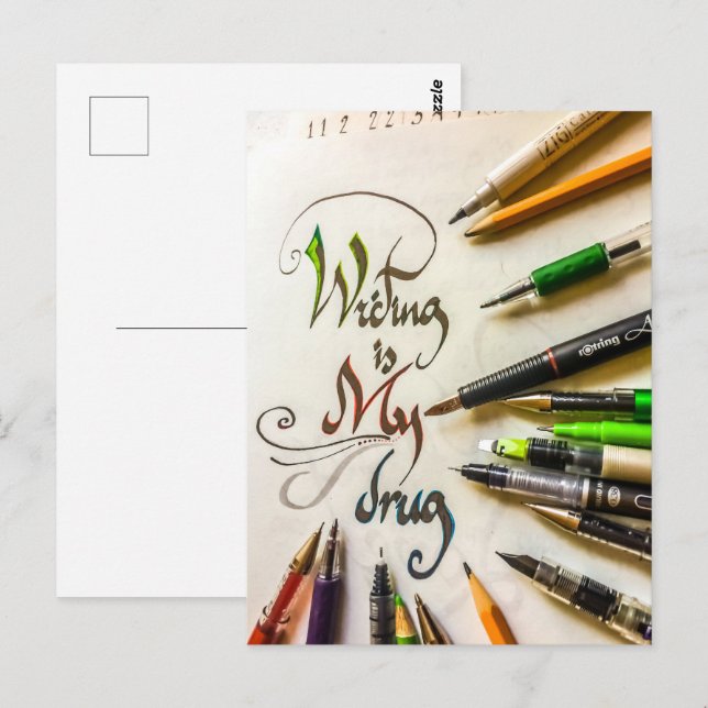 Crazy writer manifesto pens and pencils postcard (Front/Back)