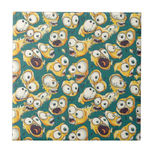 Crazy Yellow Monster Teal Halloween Ceramic Tile