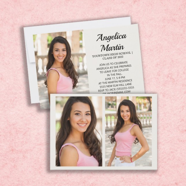 Cream 2-Sided 3 Photo Graduation Party Invitation (Creator Uploaded)