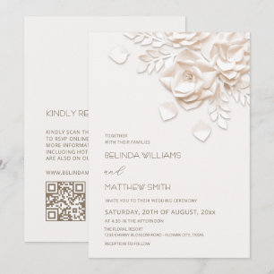 Cream 3D Flowers Roses Simple Wedding Invitation