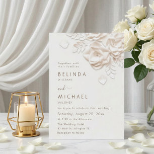 Cream 3D Flowers Roses Simple Wedding Invitation
