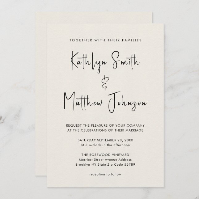 Cream All In One Fun Script Minimalist Wedding Invitation (Front/Back)