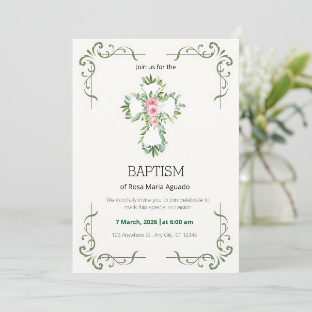 Cream and Beige Floral Border Baptism Invitation (Standing Front)