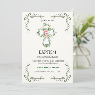 Cream and Beige Floral Border Baptism Invitation