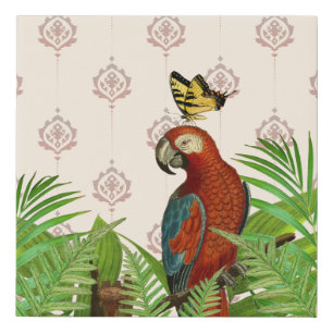 Cream and Beige Wallpaper, Parrot and Butterfly Faux Canvas Print