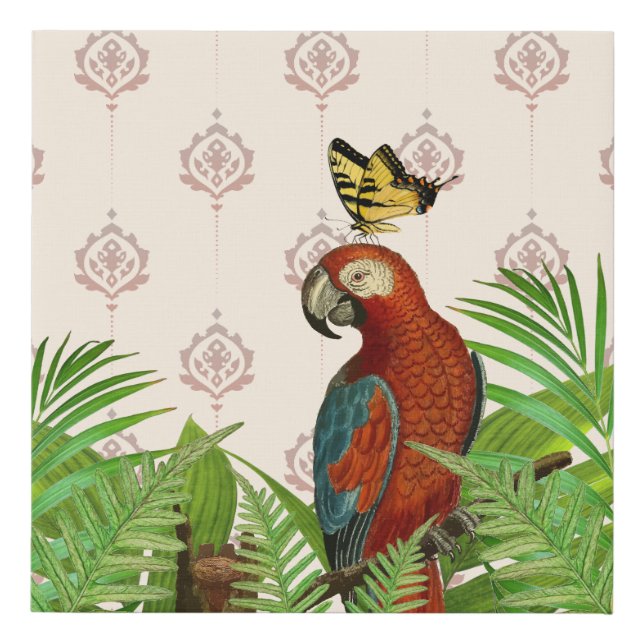 Cream and Beige Wallpaper, Parrot and Butterfly   Faux Canvas Print (Front)