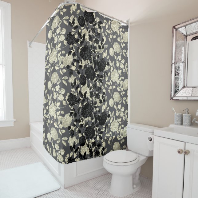 Cream And Black Floral Toile On Gray Shower Curtain (In Situ)