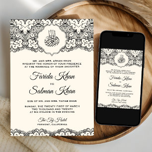 Cream and Black Lace Islamic Muslim Wedding Invitation