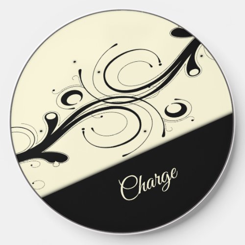 Cream and Black Scroll Accent Personal Wireless Charger