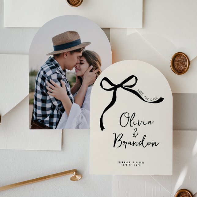 Cream and black whimsical hand drawn bow save the date (Creator Uploaded)