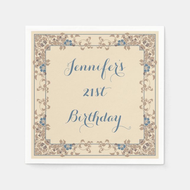 Cream and blue art nouveau floral border paper napkins (Front)