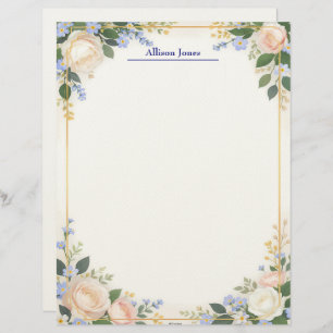 Cream and Blue Floral with Gold Frame Letterhead