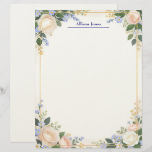 Cream and Blue Floral with Gold Frame Stationery