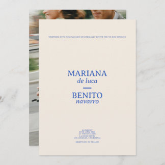 Cream and Blue Modern Minimalist Photo Wedding Invitation