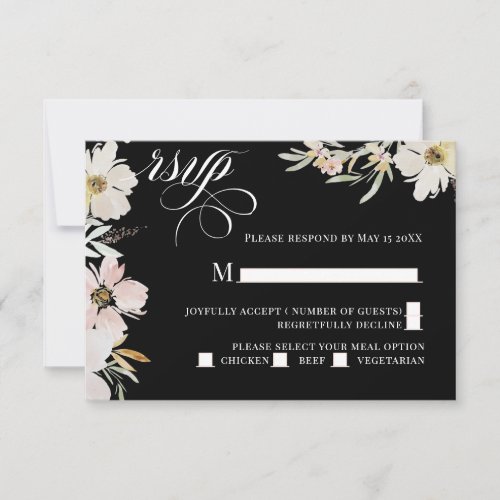 Cream and Blush Watercolor Flowers Black RSVP Card