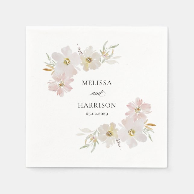 Cream and Blush Watercolor Flowers  Napkins (Front)