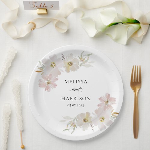 Cream and Blush Watercolor Flowers  Paper Plates