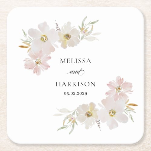 Cream and Blush Watercolor Flowers  Square Paper Coaster