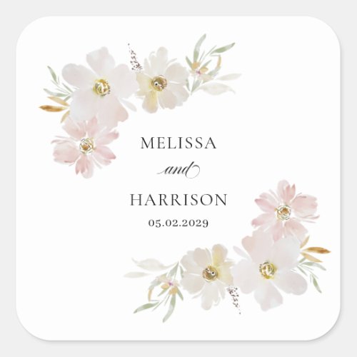 Cream and Blush Watercolor Flowers  Square Sticker