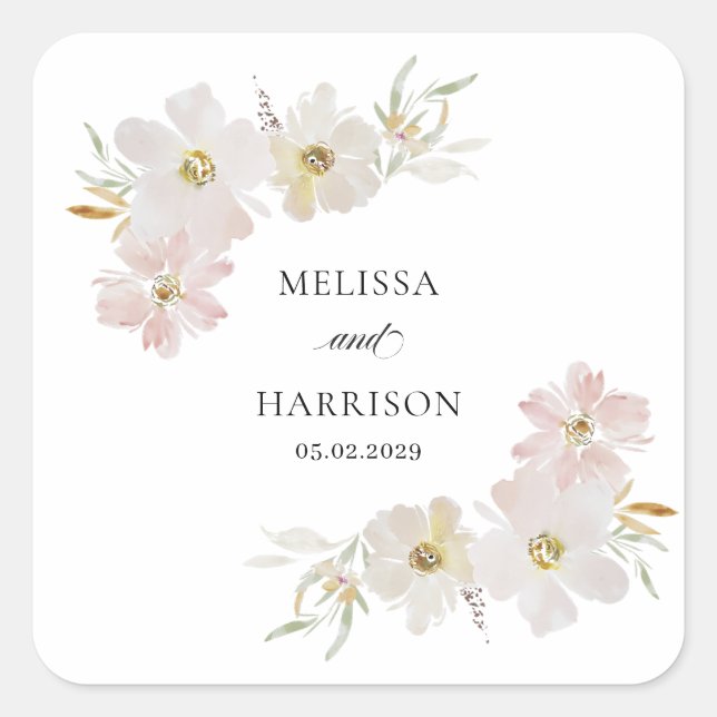 Cream and Blush Watercolor Flowers  Square Sticker (Front)
