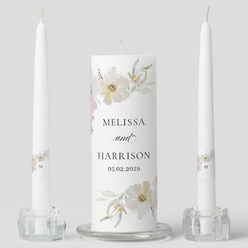 Cream and Blush Watercolor Flowers  Unity Candle Set