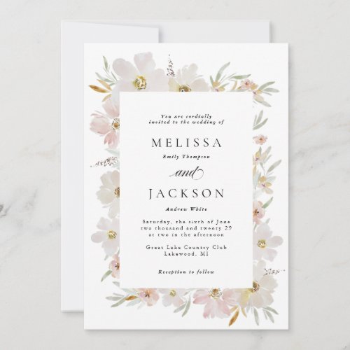 Cream and Blush Watercolor Flowers Wedding Invitation