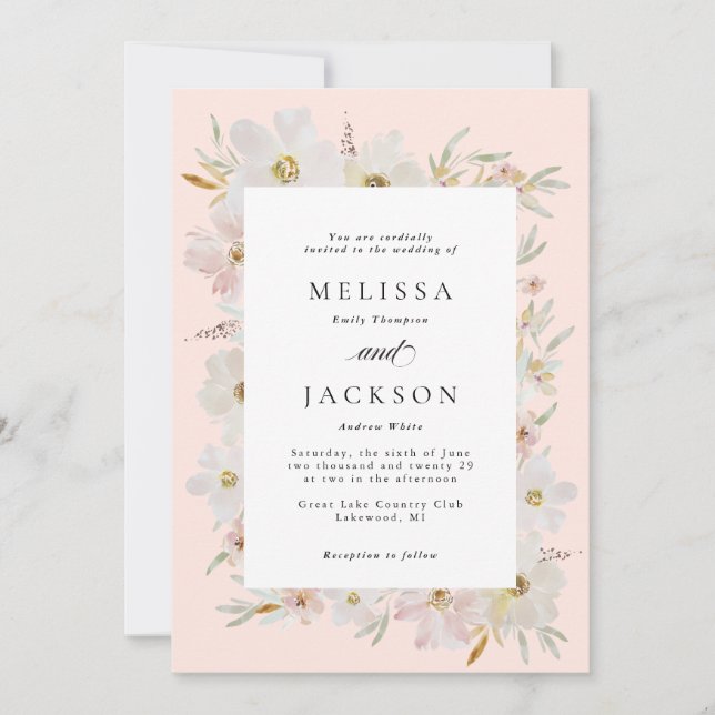 Cream and Blush Watercolor Flowers Wedding Invitation (Front)
