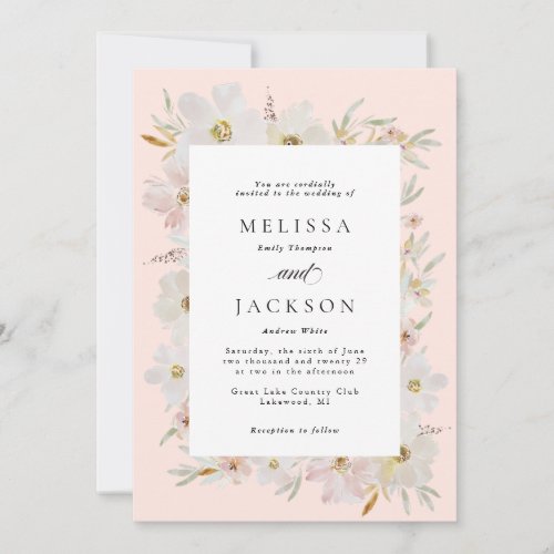 Cream and Blush Watercolor Flowers Wedding Invitation